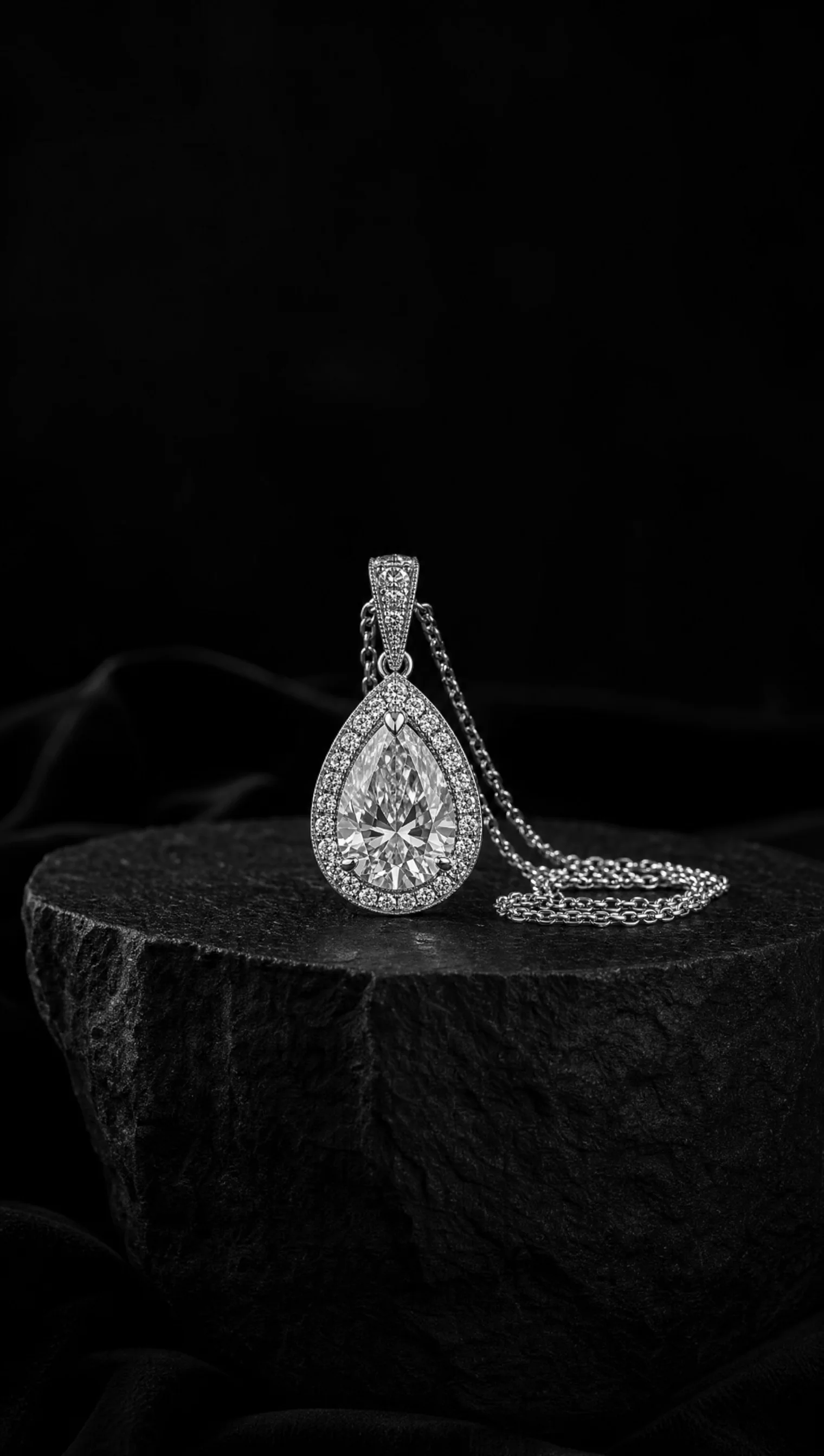 Antique diamond pendant on a fine platinum chain pooled on a black stone pedestal