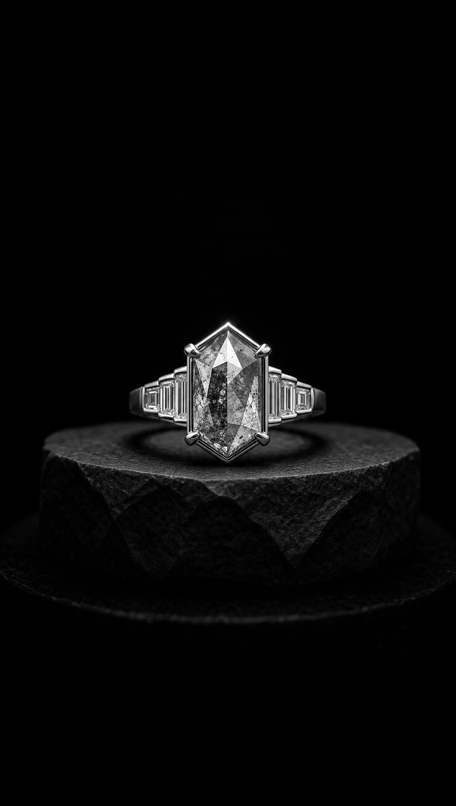 Salt-and-pepper diamond ring with a geometric platinum setting
