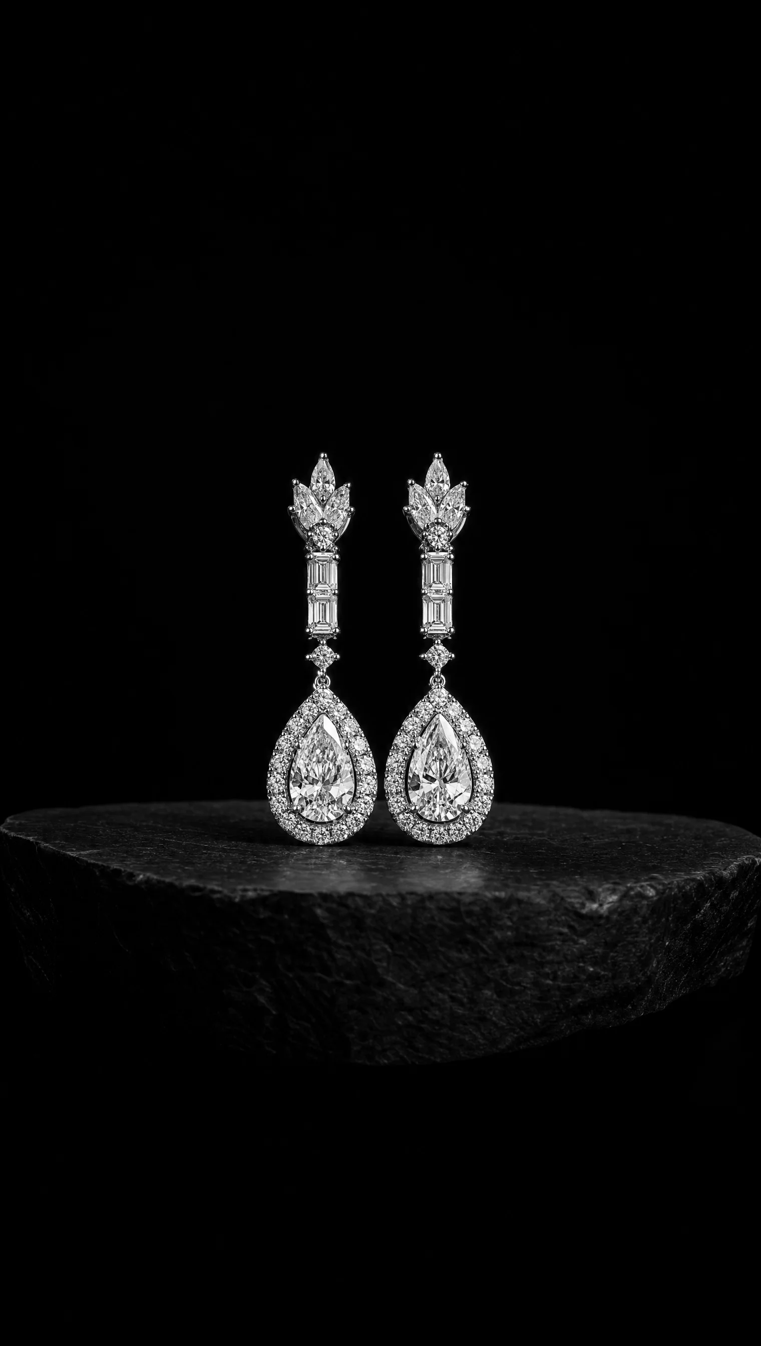 Pair of platinum diamond pendant drop earrings on a black stone pedestal